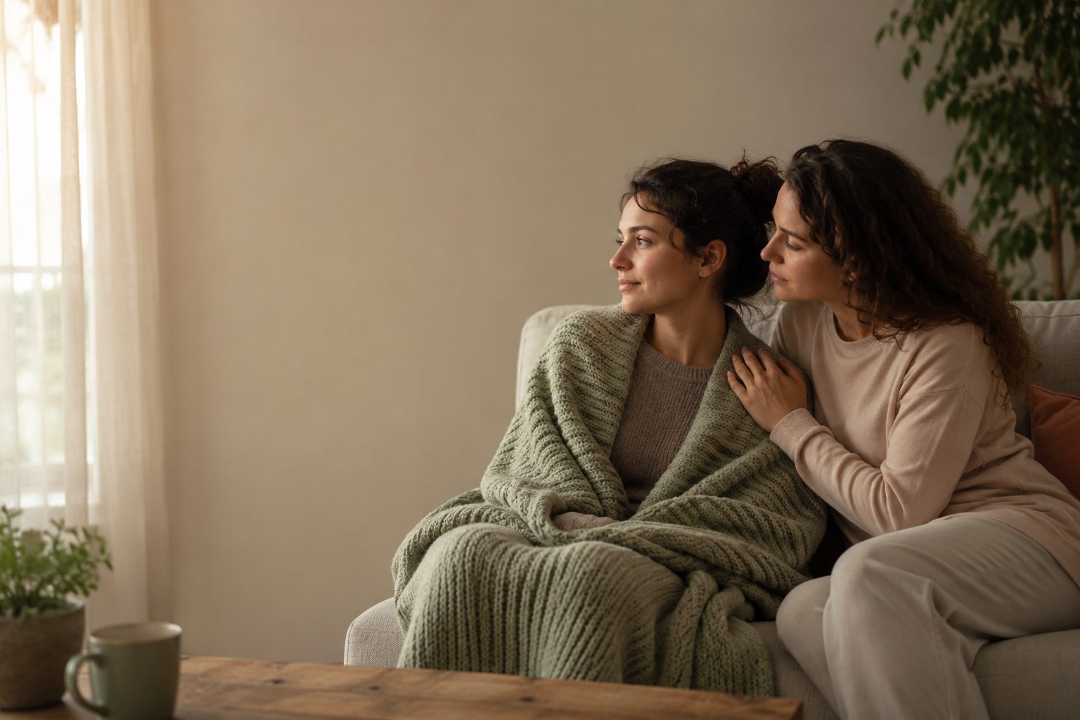Two friends sitting together with quiet, supportive companionship during recovery