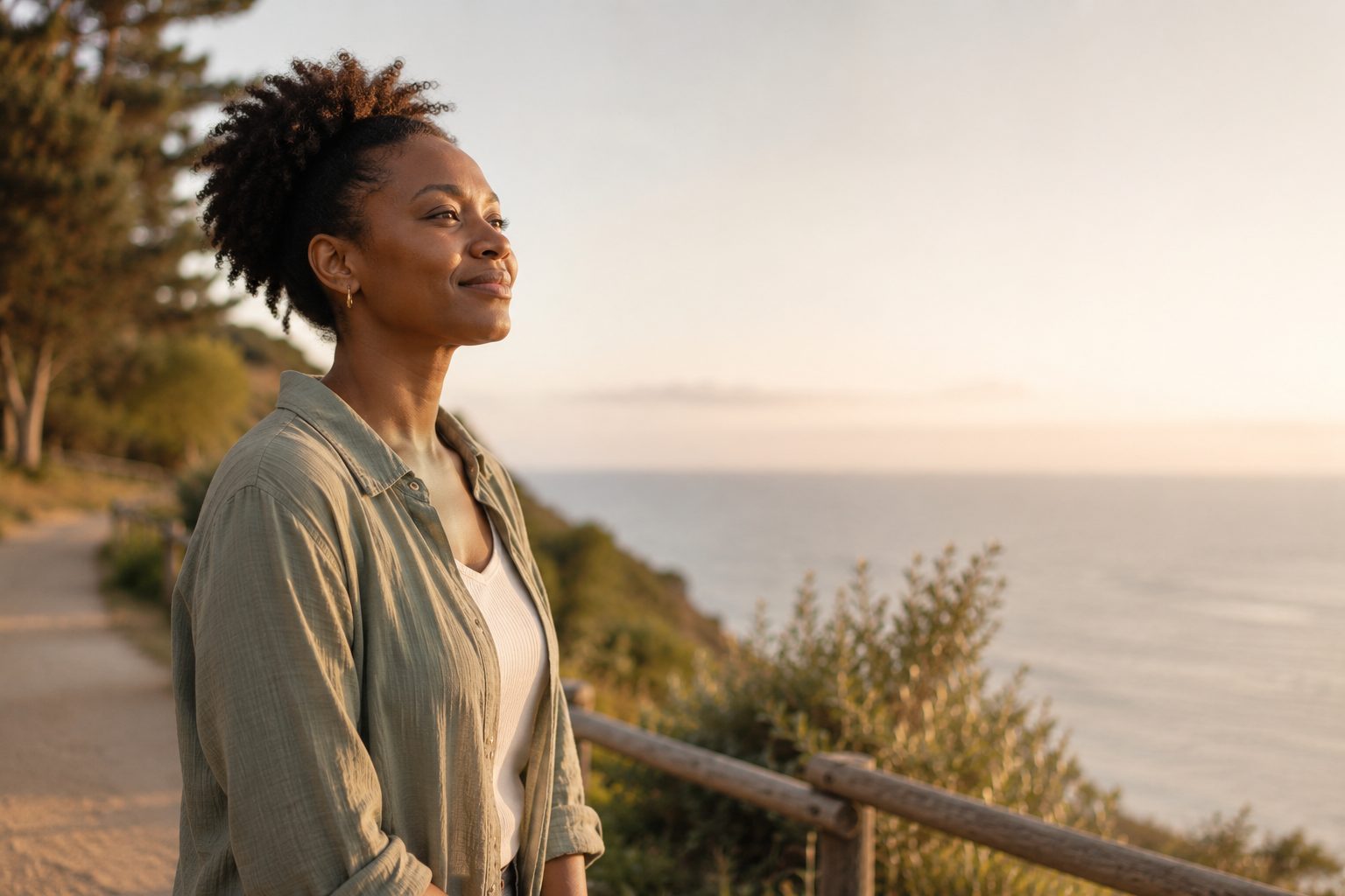 A woman calmly looking out toward the horizon, embodying personal growth and wellness