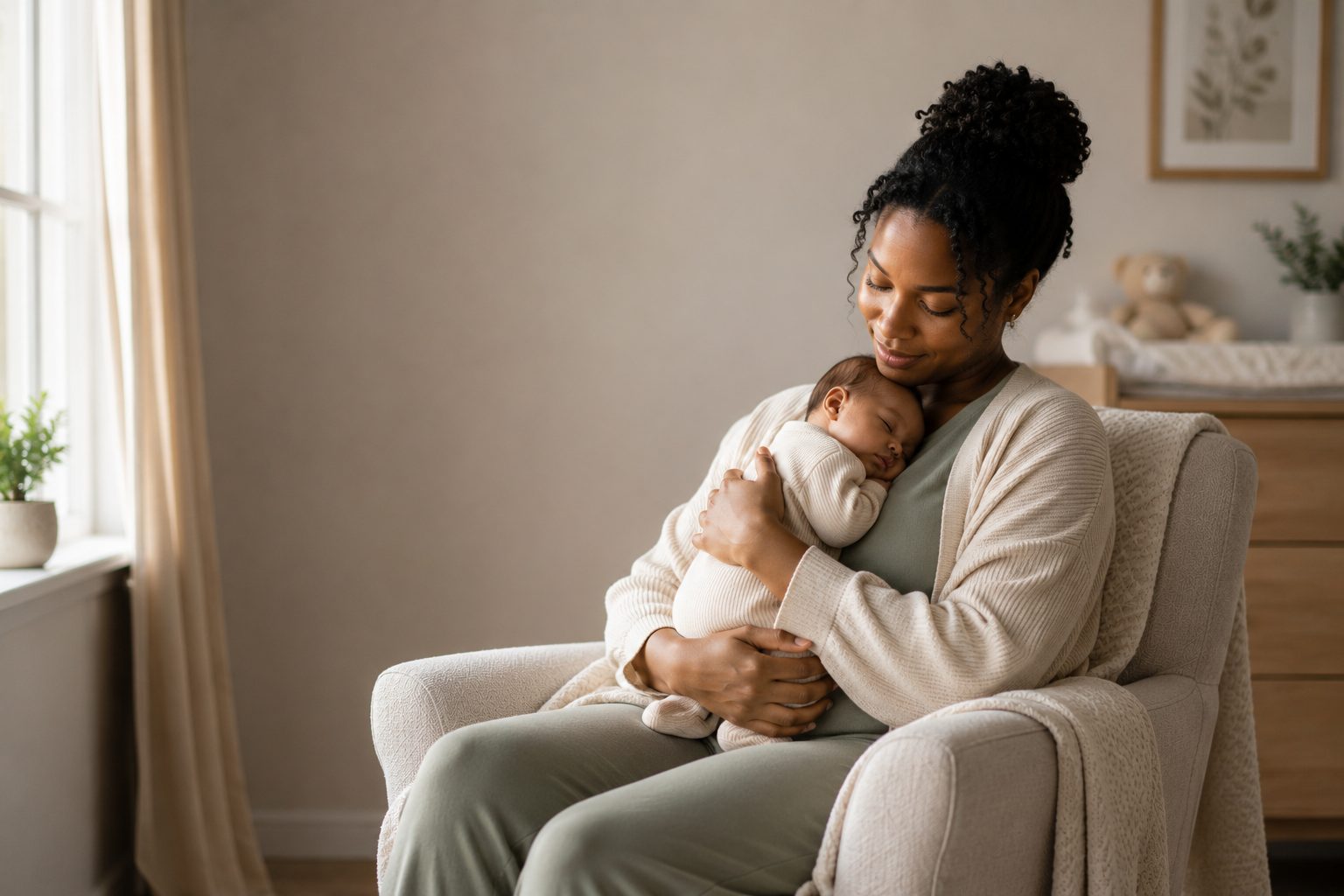 A new mother gently holding her sleeping newborn