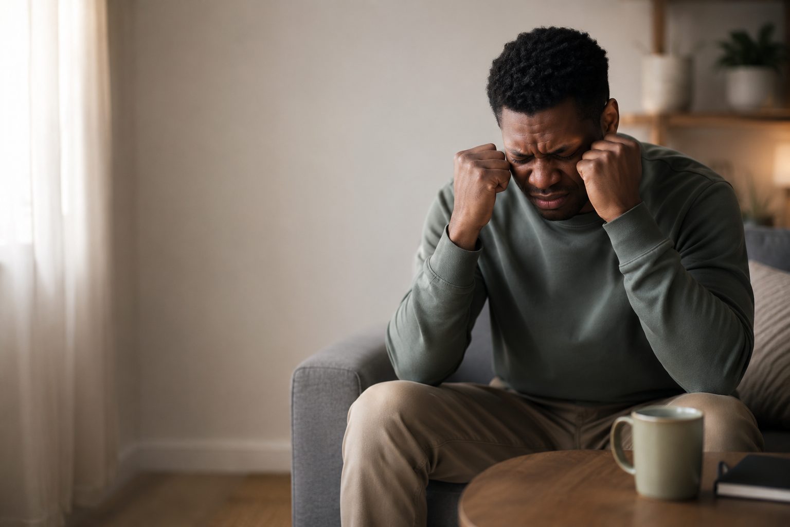 A man sitting alone, tense and overwhelmed, working through difficult emotions