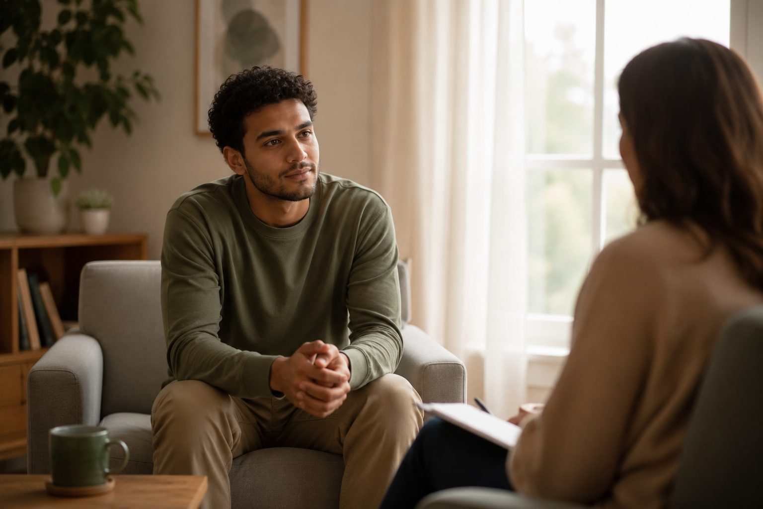 A man in an open, supportive counselling conversation