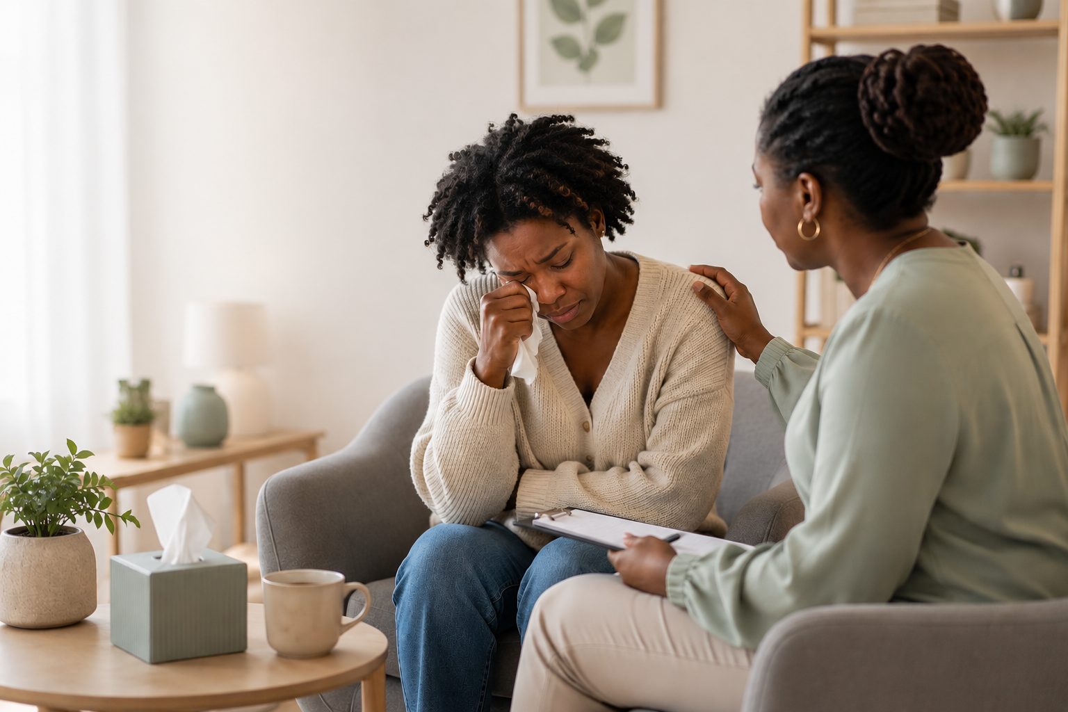 A counsellor comforting a tearful client during a trauma and grief counselling session